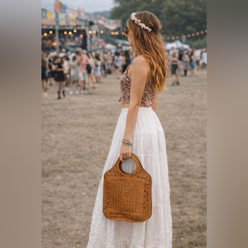 Vintage Hand-Tooled Leather Tote Floral Boho Western Bag